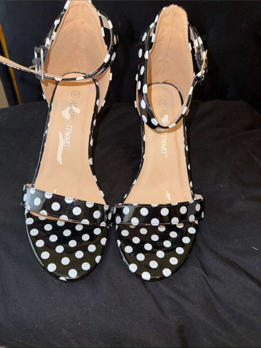 Ashley Stewart Black & White Polka Dot Ankle-Strap Heels